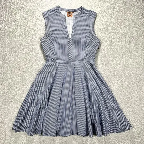 Tory Burch Talley Fit & Flare Dress Women's 8 Blue Stripe Coastal Chic Preppy - Picture 1 of 12